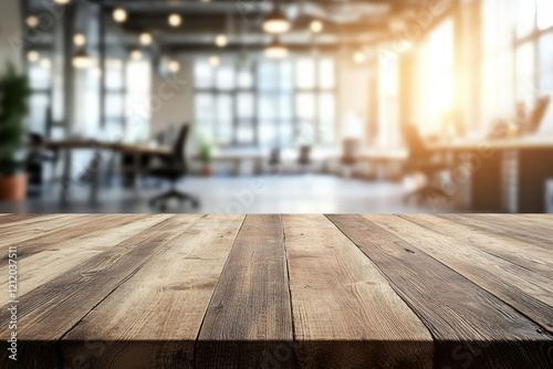 blurred modern office background with empty rustic wooden table top for product display and mockup in sunlit workspace interior design