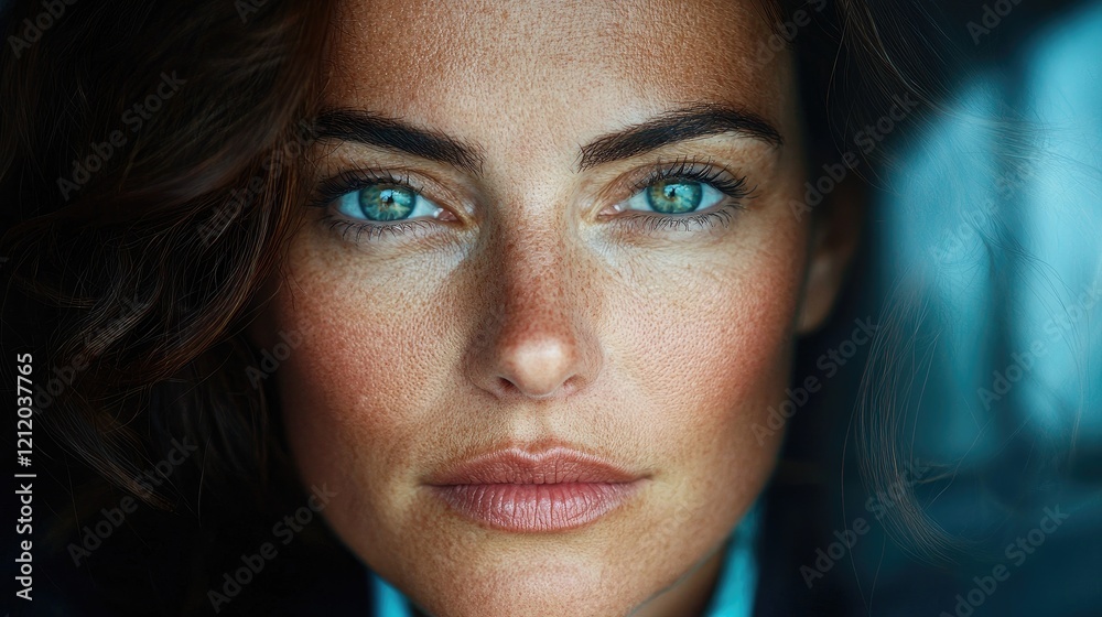 Fototapeta premium Woman's intense gaze, close-up portrait, window background, beauty campaign