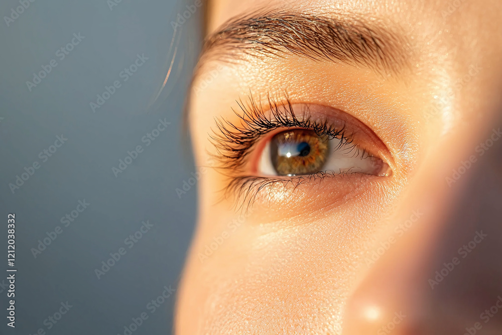 Fototapeta premium close up of bright, dewy face showcasing radiant skin and expressive eyes, highlighting beauty of skincare routine