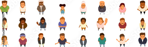 Top view people looking up icons set. Group of diverse people standing and looking up, top view perspective