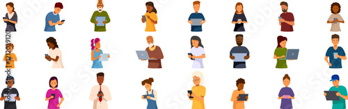 Gadget addiction icons set. Diverse group of people using smartphones, tablets, and laptops, highlighting modern communication and technology use