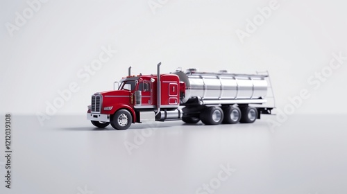 A realistic toy tanker truck placed on a clean white surface.