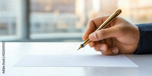 law restriction policy concept.  A hand holding a golden pen poised over a blank sheet of paper against a softly blurred background.