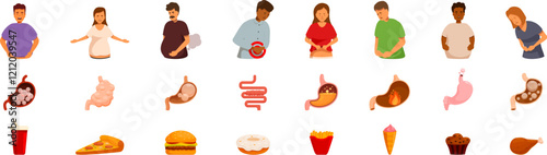 Bloating icons set. People suffering from overeating and digestive problems with different junk food causing stomach ache