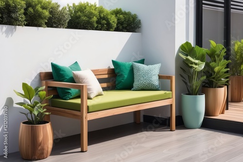 Modern Balcony Design With Green And Wood Seater