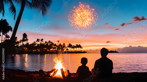 A serene beach scene at sunset with a campfire, two silhouetted figures, and fireworks lighting up the sky over a tranquil ocean