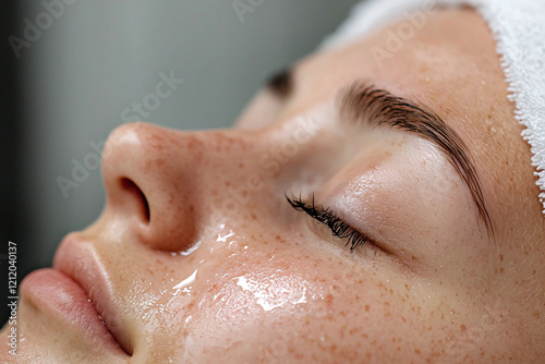 Freshly cleansed face with soft light, showcasing smooth skin and natural freckles. serene expression highlights moment of relaxation and self care photo