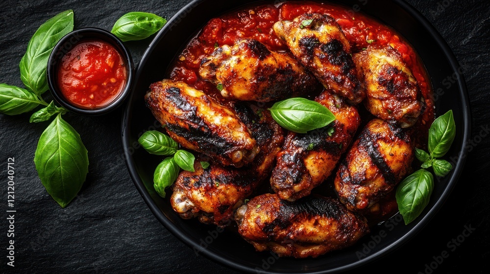 Grilled chicken wings, tomato sauce, basil, dark background, food photography (2) Grilled chicken wings, tomato sauce, basil, dark background, food photography (2)