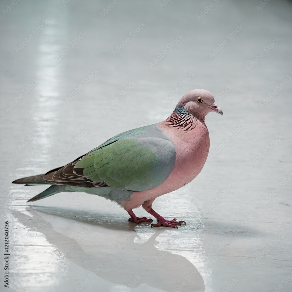 Obraz premium A pastel pink and mint-green pigeon walking across a glossy white floor.
