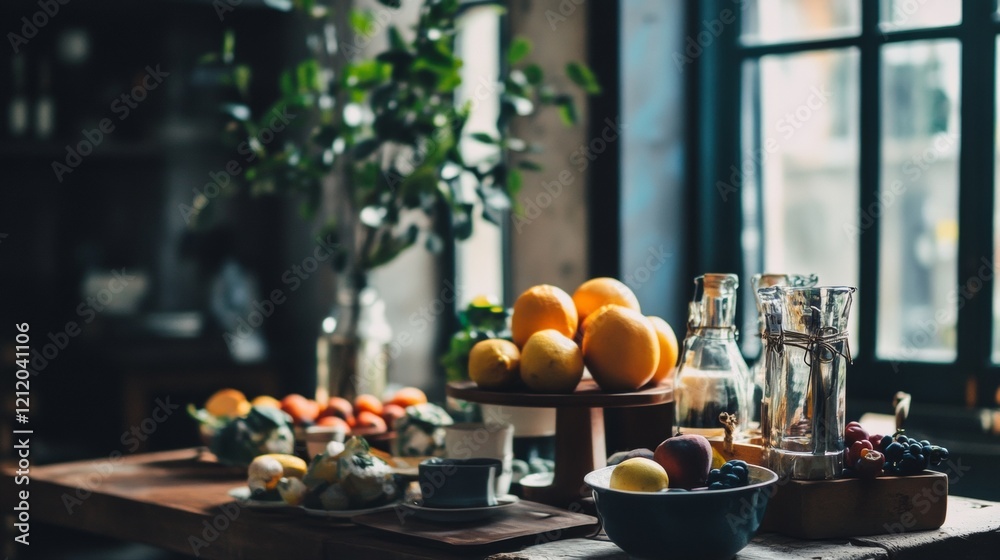 Breakfast table with fresh fruits and morning light Breakfast table with fresh fruits and morning light