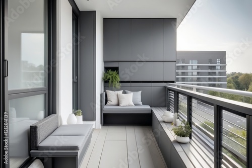 Modern Grey And White Balcony Design With Overhead Wall Storage Unit