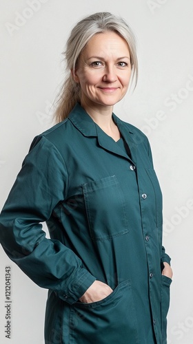 professional female lab technician, aged 45, wearing a dark green lab coat, smiling gently, bright white backdrop, engaging eye contact, clean style