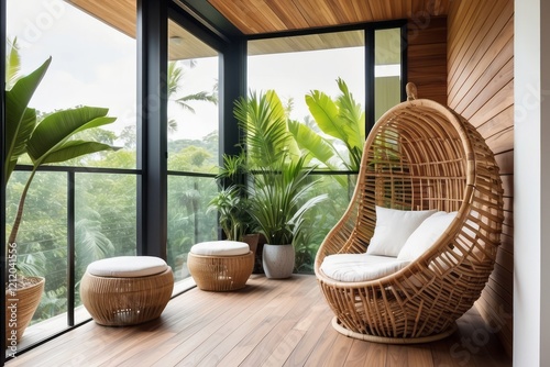 Tropical Balcony Design With Dual Flooring And Nest Chair
