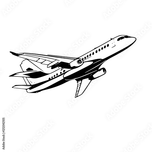 SVG of Black and white illustration, commercial passenger jet, stylized aircraft design, side view, sleek fuselage, swept wings, detailed engine nacelles, takeoff pose, dynamic angle, crisp lines.