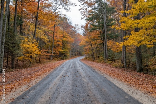 A golden autumn road lined with trees  their vibrant leaves creating a canopy overhead  peaceful and inviting 