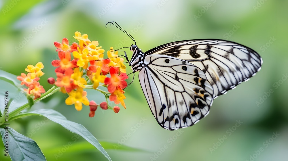 Fototapeta premium Stunning close-up of a butterfly gracefully perched on vibrant colorful flowers in outdoor natural setting