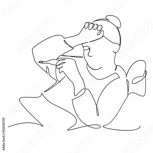 One continuous single drawing line art flat doodle woman, temperature, sleep, illness, lie down, one concern. Isolated image hand draw contour on a white background, hand drawn