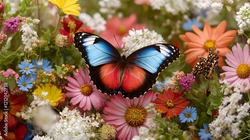 Vibrant Blue and Red Butterfly Among a Colorful Garden of Wildflowers in Full Bloom