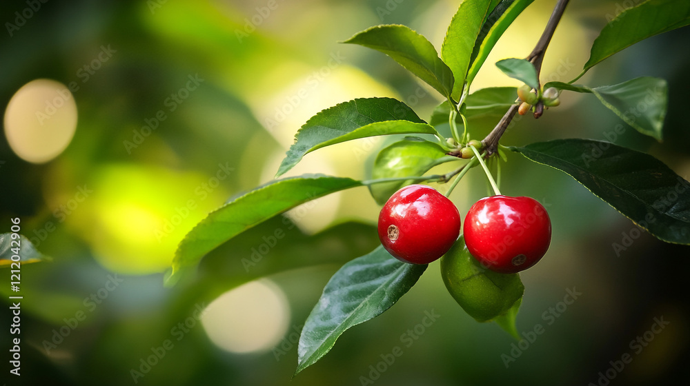 Red cherries growing on a branch in a lush garden during daylight hours Red cherries growing on a branch in a lush garden during daylight hours