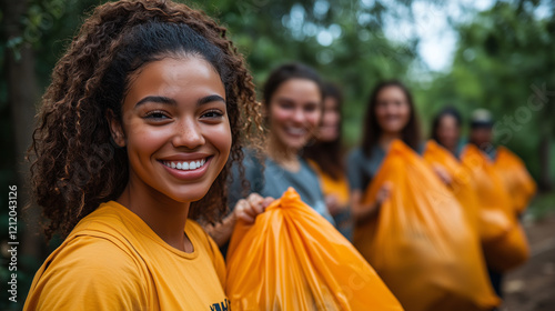A group of volunteers smiling and holding up trash bags filled with litter from a cleaned park. Bright lighting, contrast
