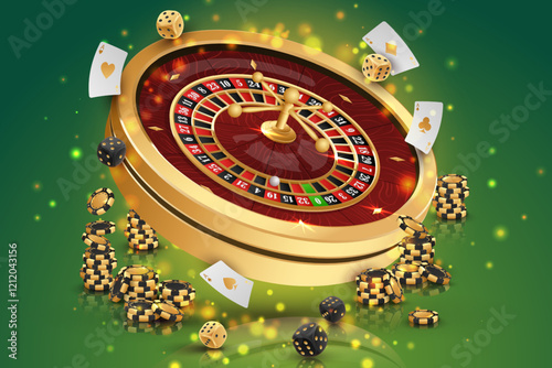 Golden casino roulette, wheel with black, gold poker chips, stacks  of token, around on green background with reflection, lights. Vector illustration for design, advertising