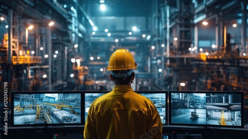 Industrial Facility Monitoring: A Worker Observes Production Processes Via High-Tech Surveillance System