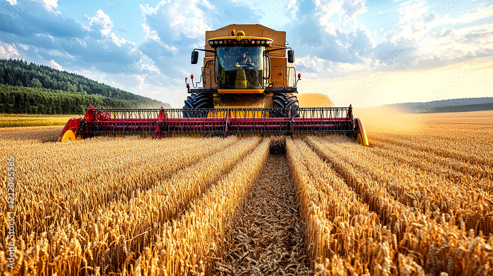 Fototapeta premium Golden Wheat Harvest: A Combine Harvester in Action