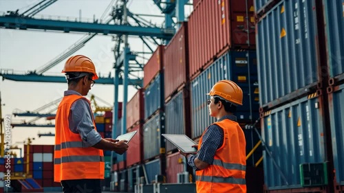 Efficient workers ensure safety and teamwork during cargo container inspection at shipping port, highlighting importance of logistics in industrial sector.