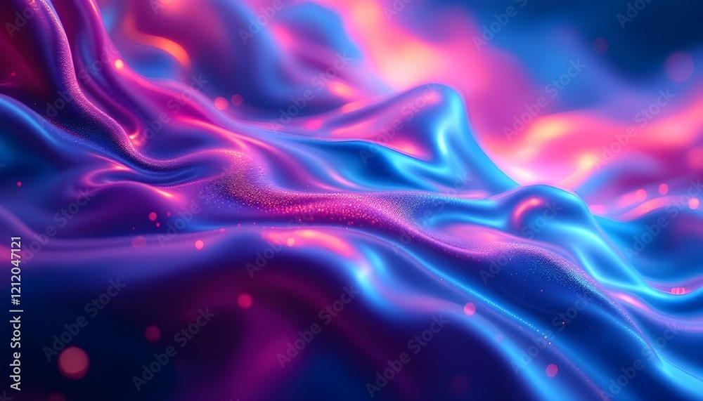 Fototapeta premium Dynamic abstract wallpaper featuring vibrant neon pink, electric blue, and glowing orange hues blending seamlessly with smooth gradients and subtle light effects, evoking a fluid, smoke-like motion.
