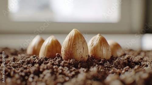 Hazelnuts planted in soil, indoor setting, growth photo