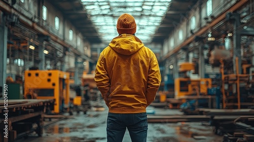 A lone figure in a vast industrial landscape, contemplating the future amidst machinery and metal.