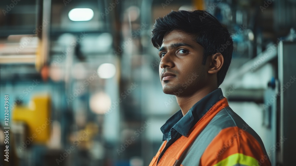 Naklejka premium Man wearing orange safety vest standing in a factory setting, suitable for use in industry or workplace images
