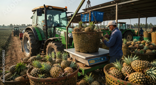 Pesaje de piñas recién cosechadas en canastas, junto a tractores en una plantación agrícola. photo