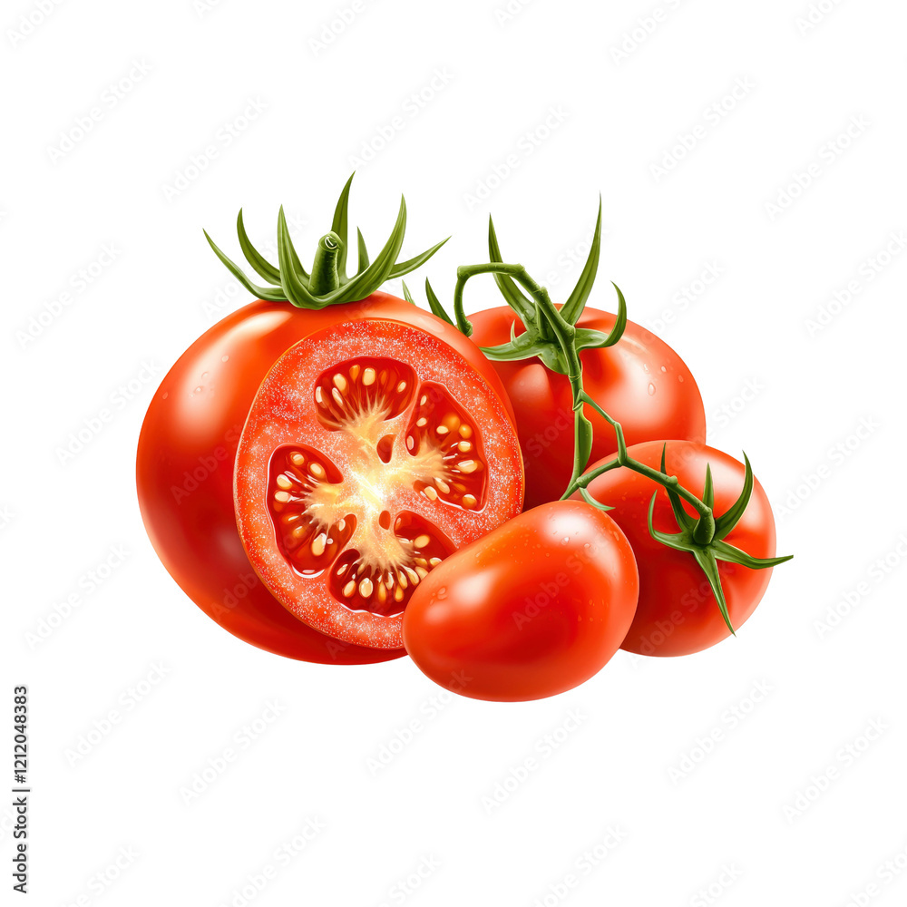 Juicy Red Tomatoes on the Vine, Halved and Whole Juicy Red Tomatoes on the Vine, Halved and Whole