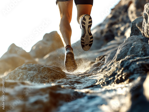 Close-up shot of running feet of an athlete running through a rocky terrain with the sun shining down capturing the essence of strength and determination during a strenuous workout in nature 