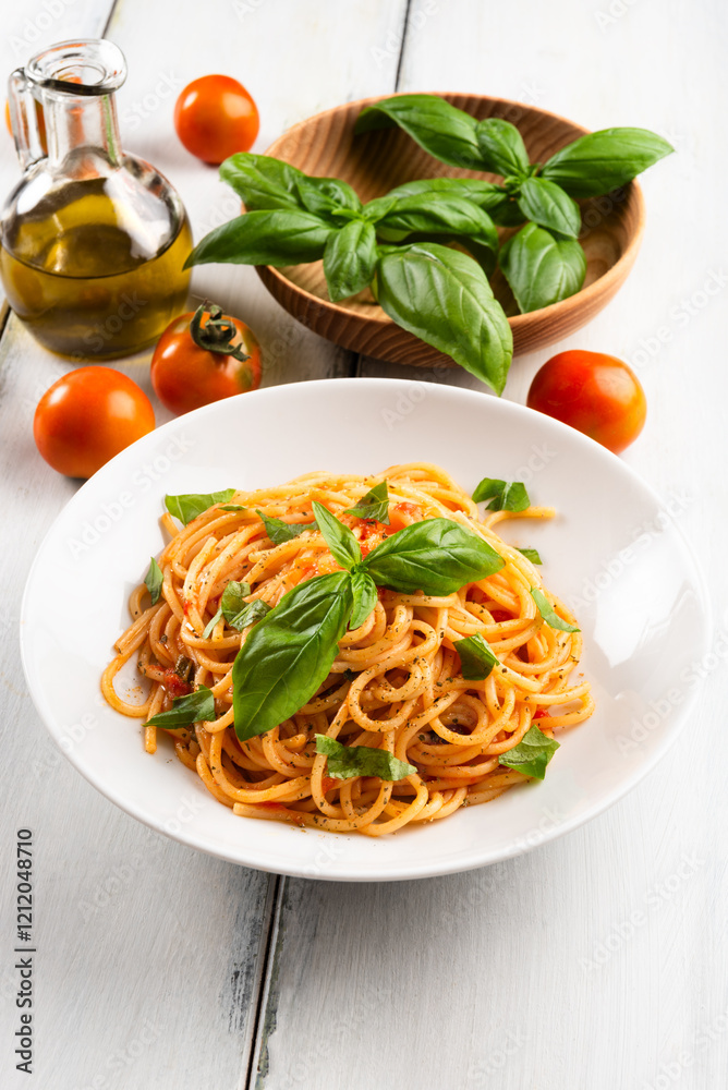 Classici spaghetti al pomodoro, pasta italiana, dieta mediterranea Classici spaghetti al pomodoro, pasta italiana, dieta mediterranea