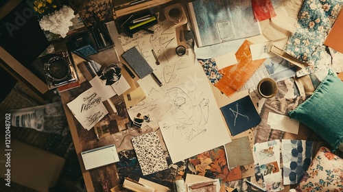 Overhead view of a cluttered table with sketches, swatches of fabric and various crafting materials