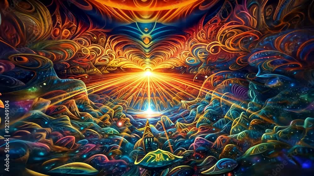 Embark on a psychedelic trip through a surreal landscape where magic mushrooms reveal bright lights, fractal swirls, and trippy hallucination, creating a vivid, magical, and unforgettable journey.
