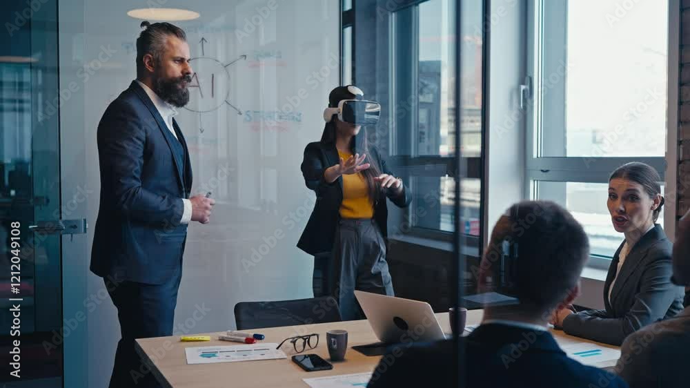 Business professionals collaborating in a modern office, with a woman using VR glasses during a presentation and brainstorming session. Concept of innovation and technology in the workplace