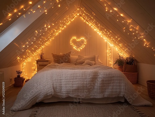 Romantic Attic Bedroom Decorated With String Lights photo