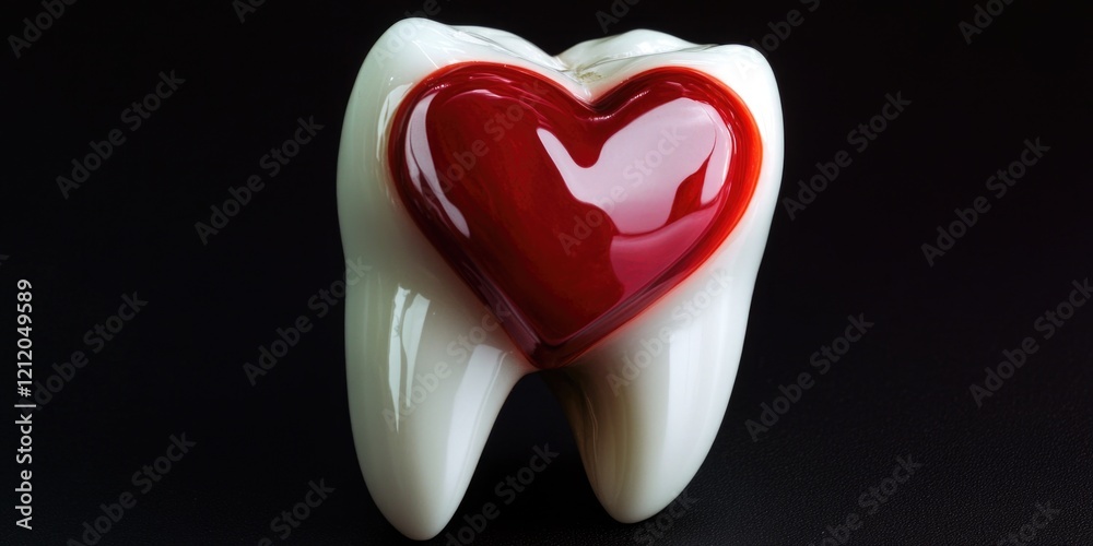 Fototapeta premium Close-up of a white tooth with a small red heart painted or drawn on its surface, potentially for Valentine's Day or a romantic gesture