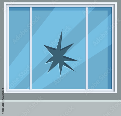 Star shaped hole in a glass window, suggesting vandalism, burglary, or accidental damage