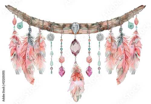 Beautiful boho dream catcher with feathers and crystals hanging on a wooden branch