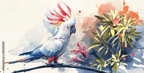 Colorful parrot perched on a branch surrounded by tropical foliage in vibrant watercolor style