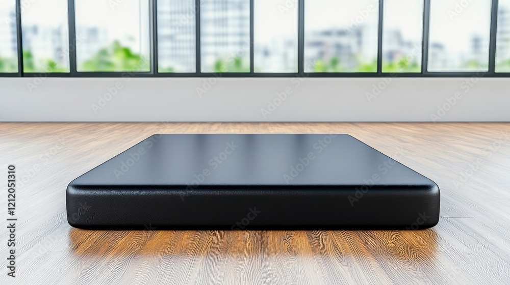 Fototapeta premium Modern Minimalist Black Mattress Against Urban Window View