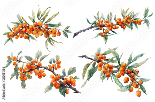 Beautiful sea buckthorn branches with vibrant orange berries and green leaves on a white background