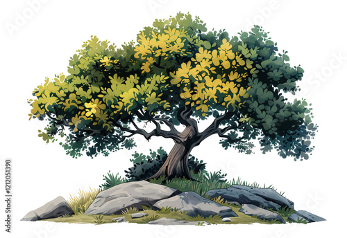 Illustration of a lush tree with vibrant green and yellow leaves on a rocky landscape