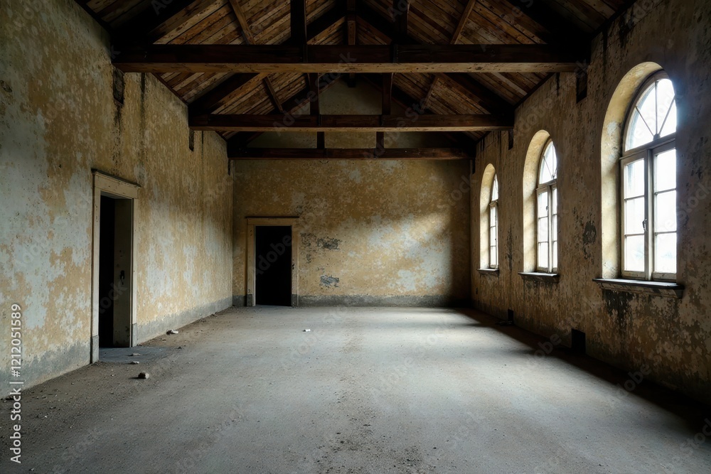 A desolate, aged interior space featuring arched windows and a weathered, pale yellow stucco wall, exposed wooden beams on the ceiling, and a largely empty floor A desolate, aged interior space featuring arched windows and a weathered, pale yellow stucco wall, exposed wooden beams on the ceiling, and a largely empty floor