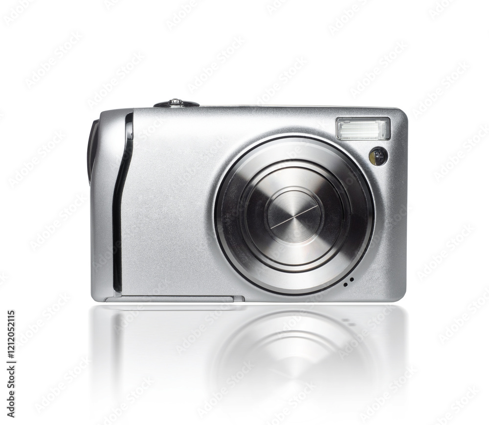 Old silver compact digital camera close up on a white background. Old silver compact digital camera close up on a white background.