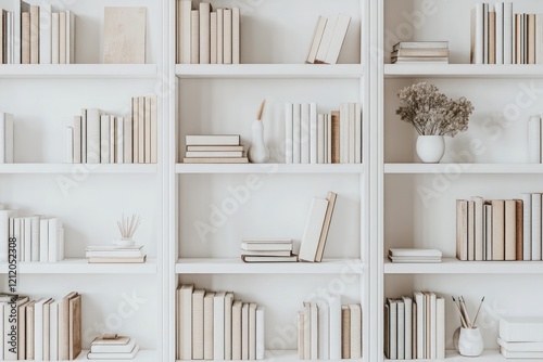 White bookshelf filled with books, home decor, interior design